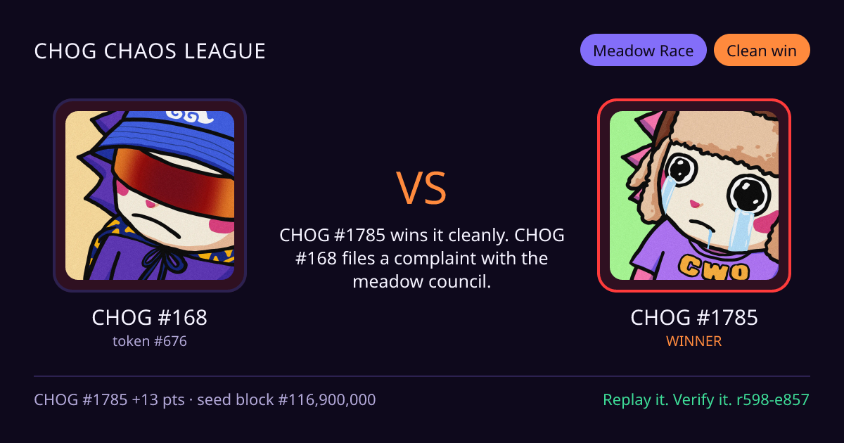 Highlight card: CHOG #168 versus CHOG #1785