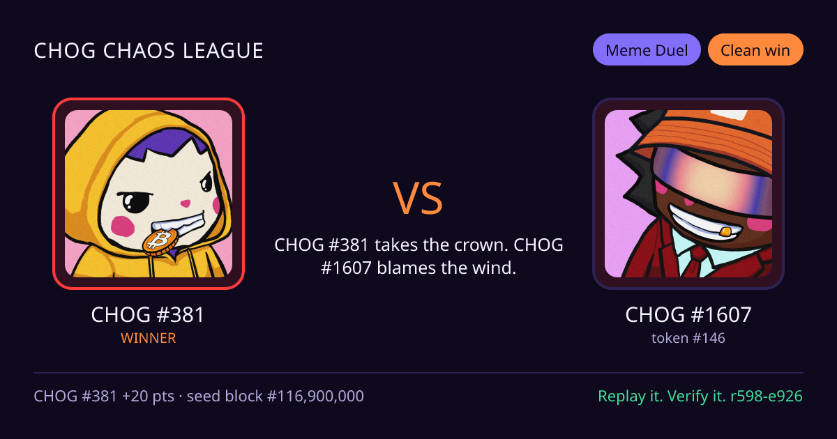 Highlight card: CHOG #381 versus CHOG #1607