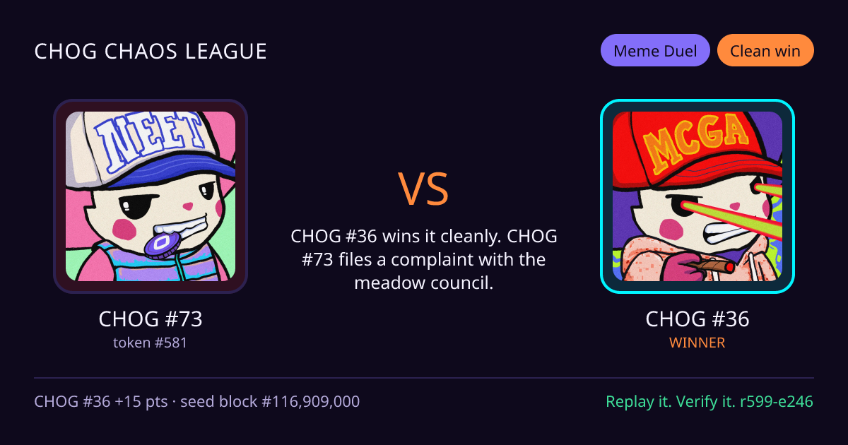 Highlight card: CHOG #73 versus CHOG #36