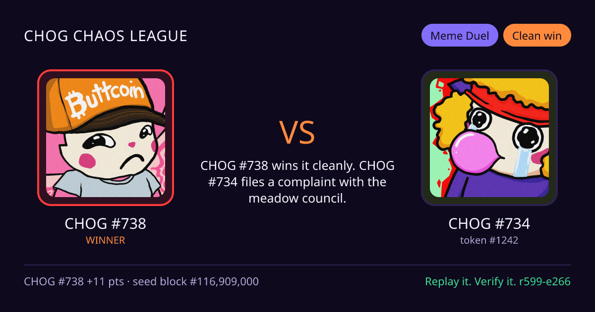 Highlight card: CHOG #738 versus CHOG #734