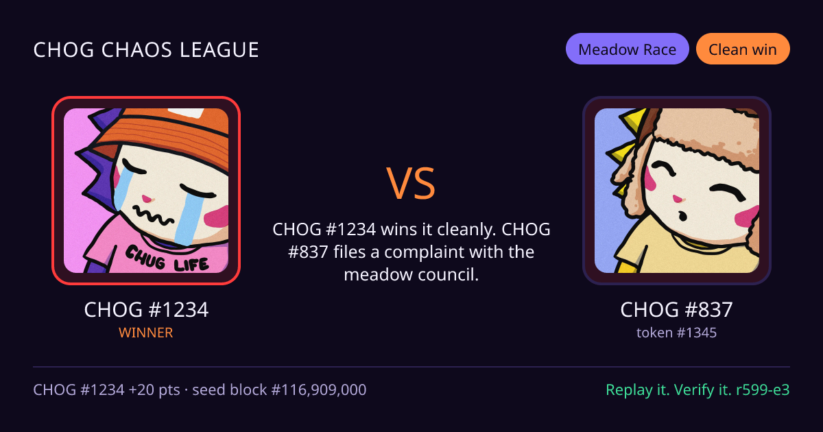 Highlight card: CHOG #1234 versus CHOG #837