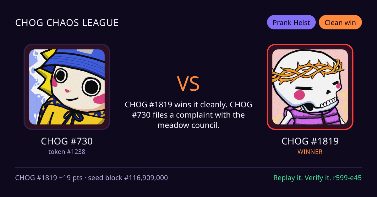 Highlight card: CHOG #730 versus CHOG #1819