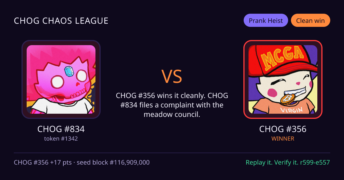 Highlight card: CHOG #834 versus CHOG #356