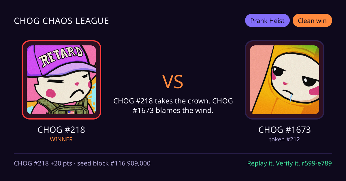 Highlight card: CHOG #218 versus CHOG #1673