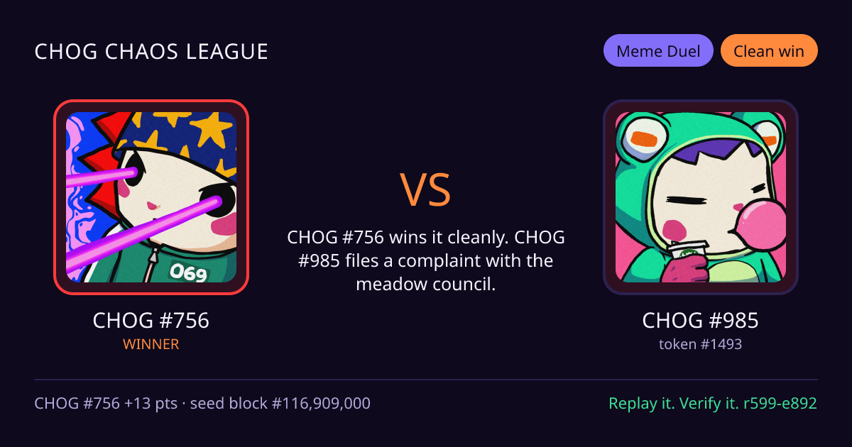 Highlight card: CHOG #756 versus CHOG #985