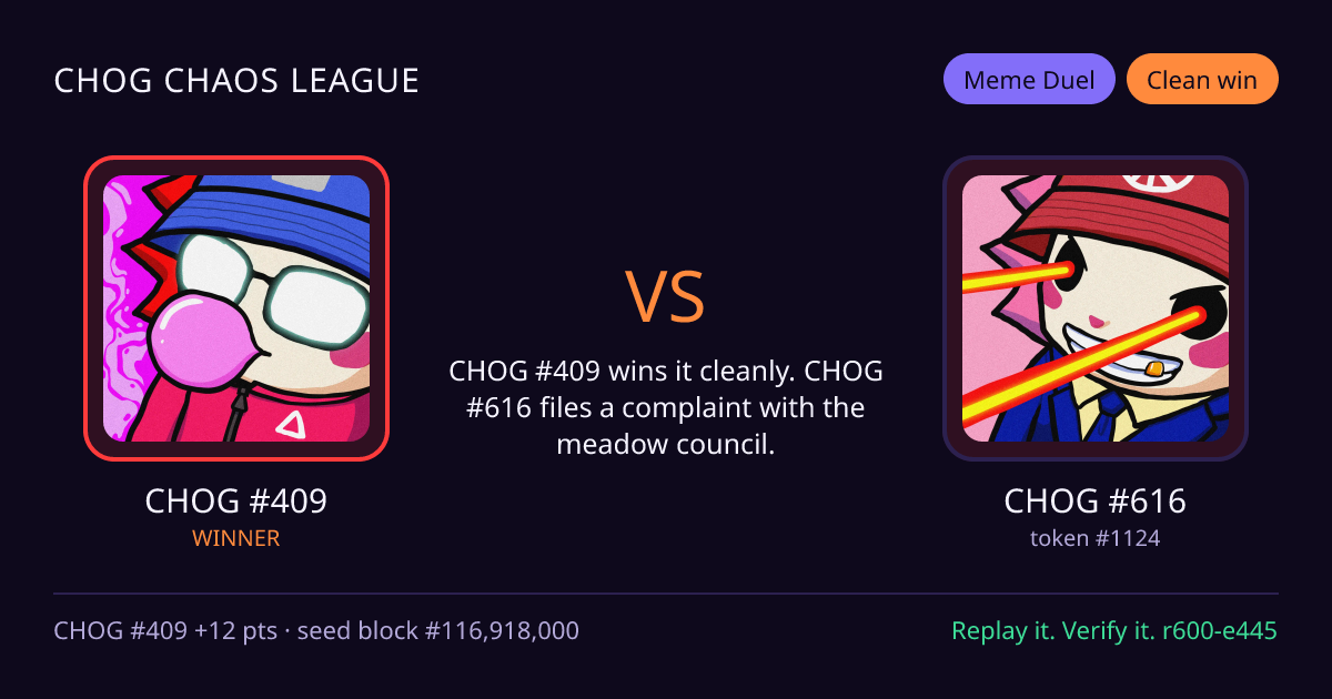 Highlight card: CHOG #409 versus CHOG #616