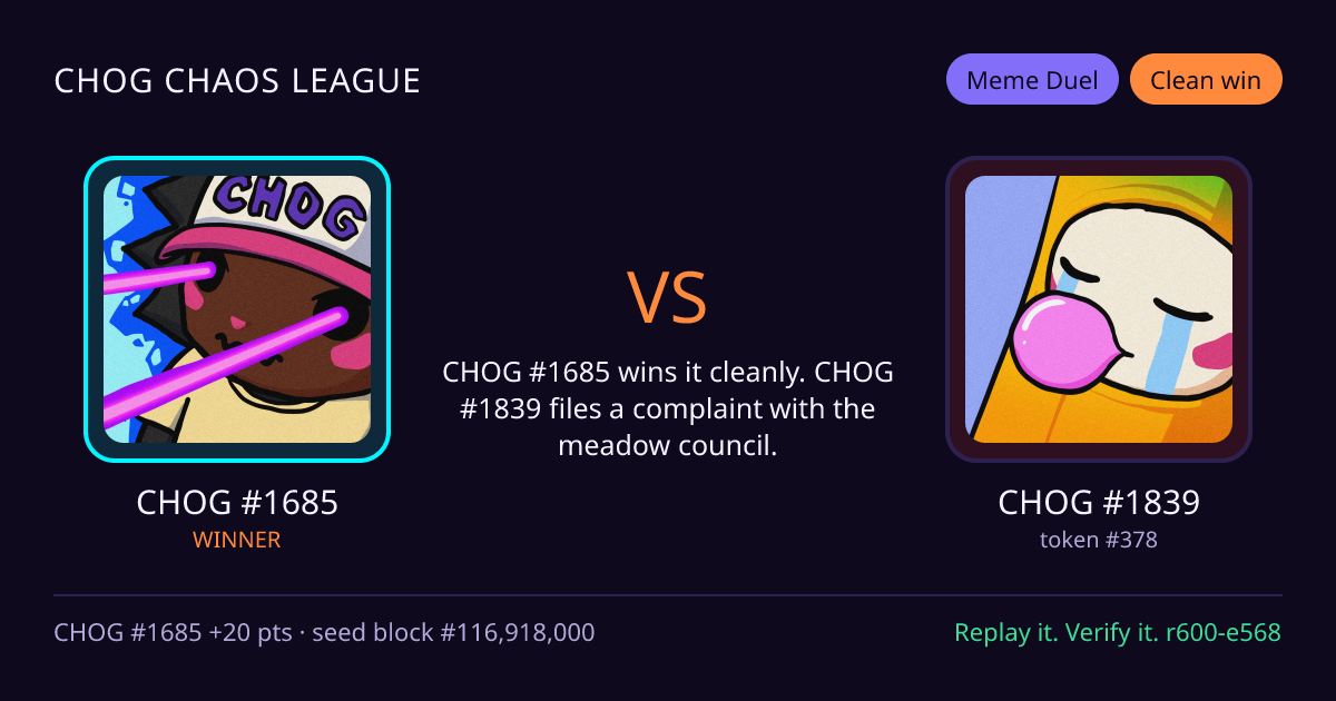 Highlight card: CHOG #1685 versus CHOG #1839