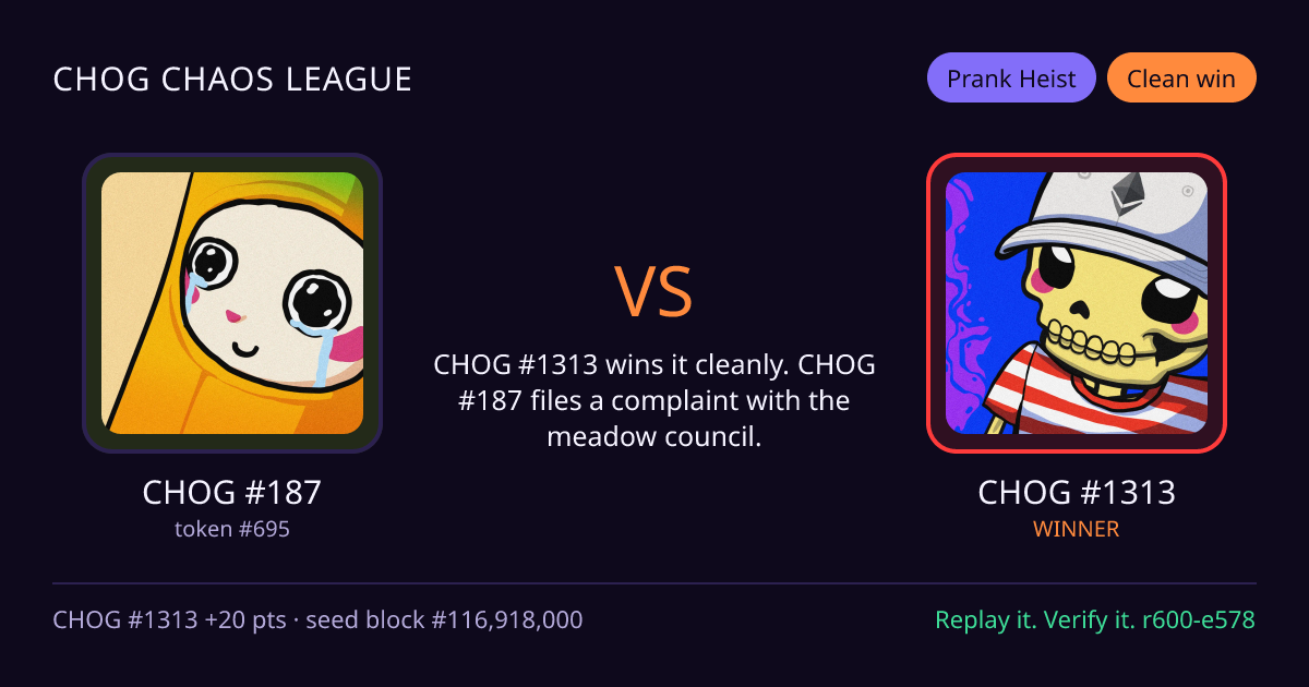 Highlight card: CHOG #187 versus CHOG #1313