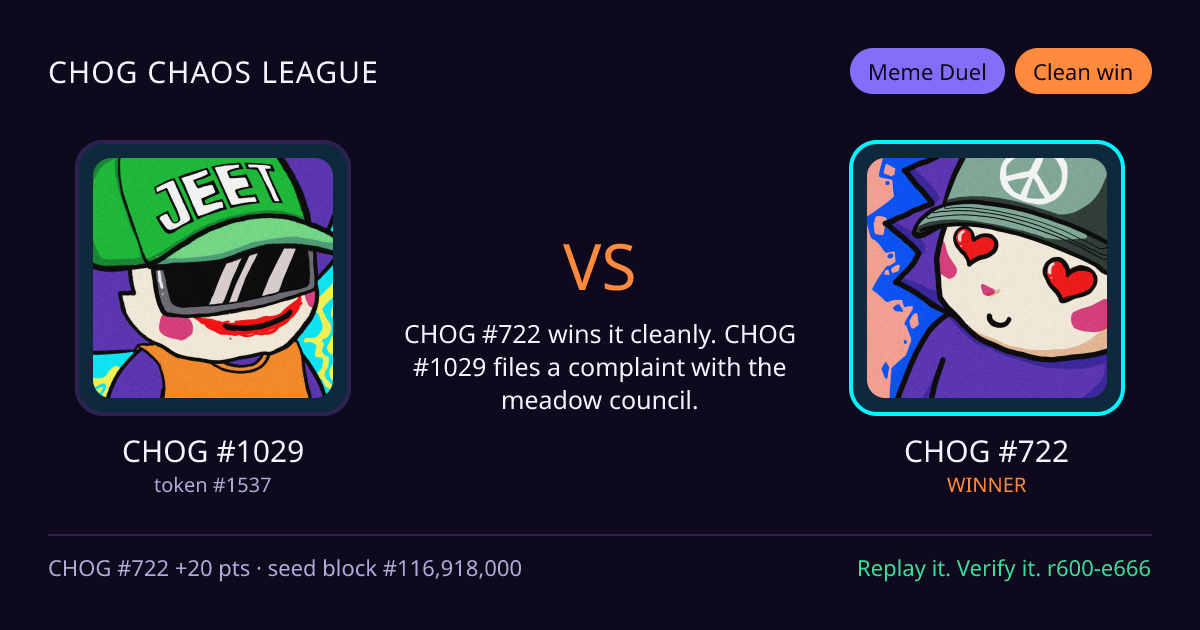 Highlight card: CHOG #1029 versus CHOG #722