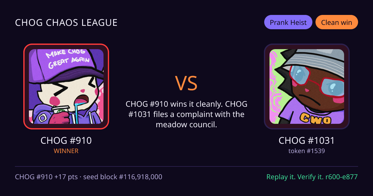 Highlight card: CHOG #910 versus CHOG #1031