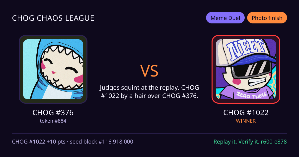 Highlight card: CHOG #376 versus CHOG #1022