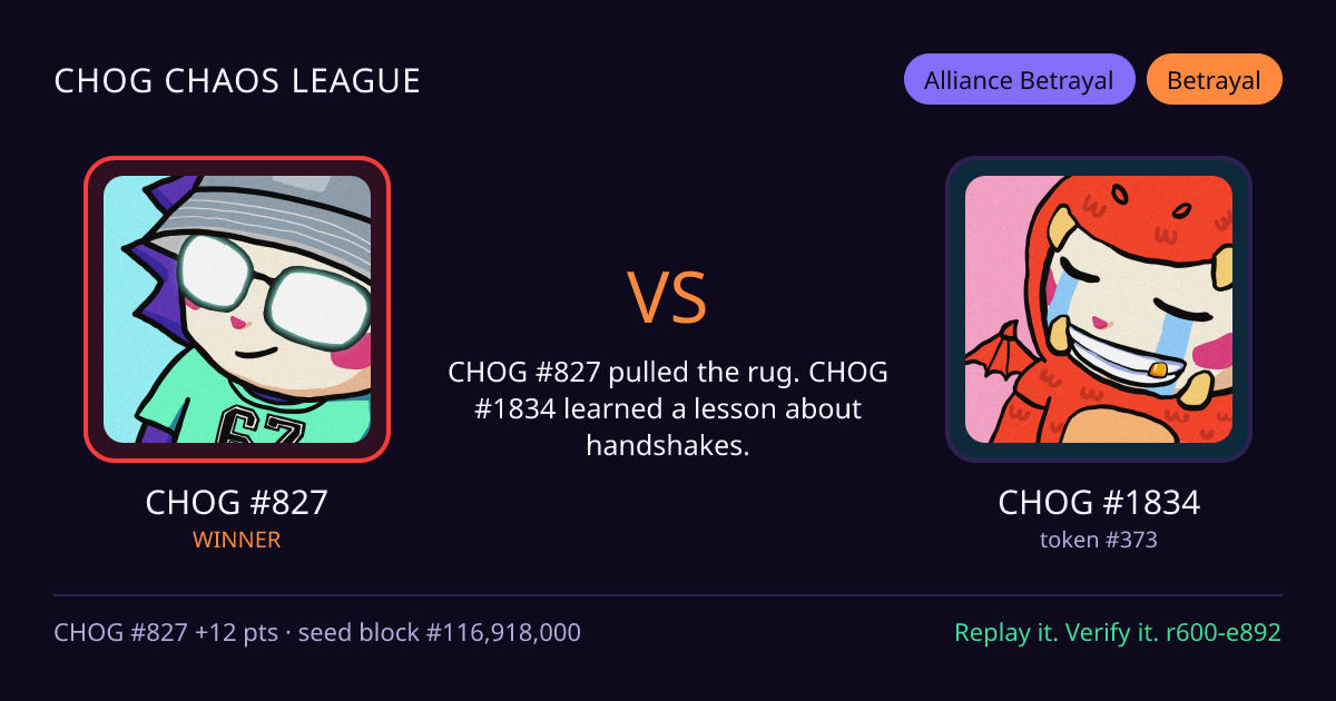 Highlight card: CHOG #827 versus CHOG #1834
