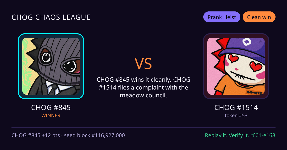 Highlight card: CHOG #845 versus CHOG #1514