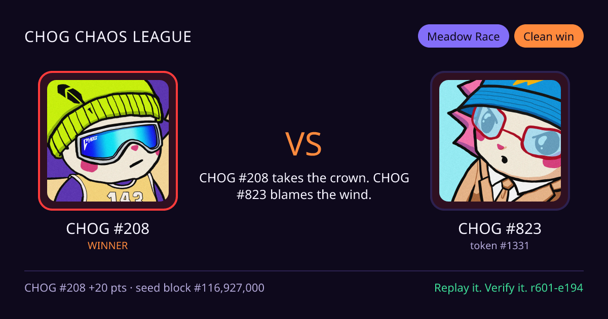 Highlight card: CHOG #208 versus CHOG #823