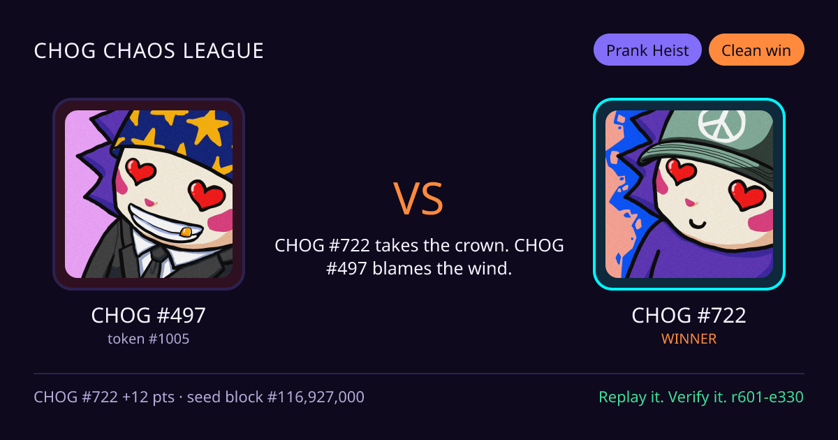 Highlight card: CHOG #497 versus CHOG #722