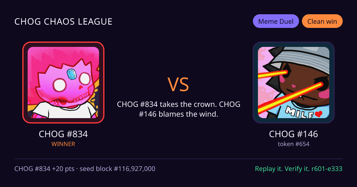 Highlight card: CHOG #834 versus CHOG #146