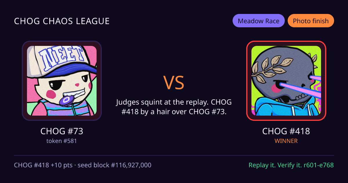 Highlight card: CHOG #73 versus CHOG #418
