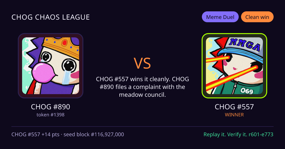 Highlight card: CHOG #890 versus CHOG #557