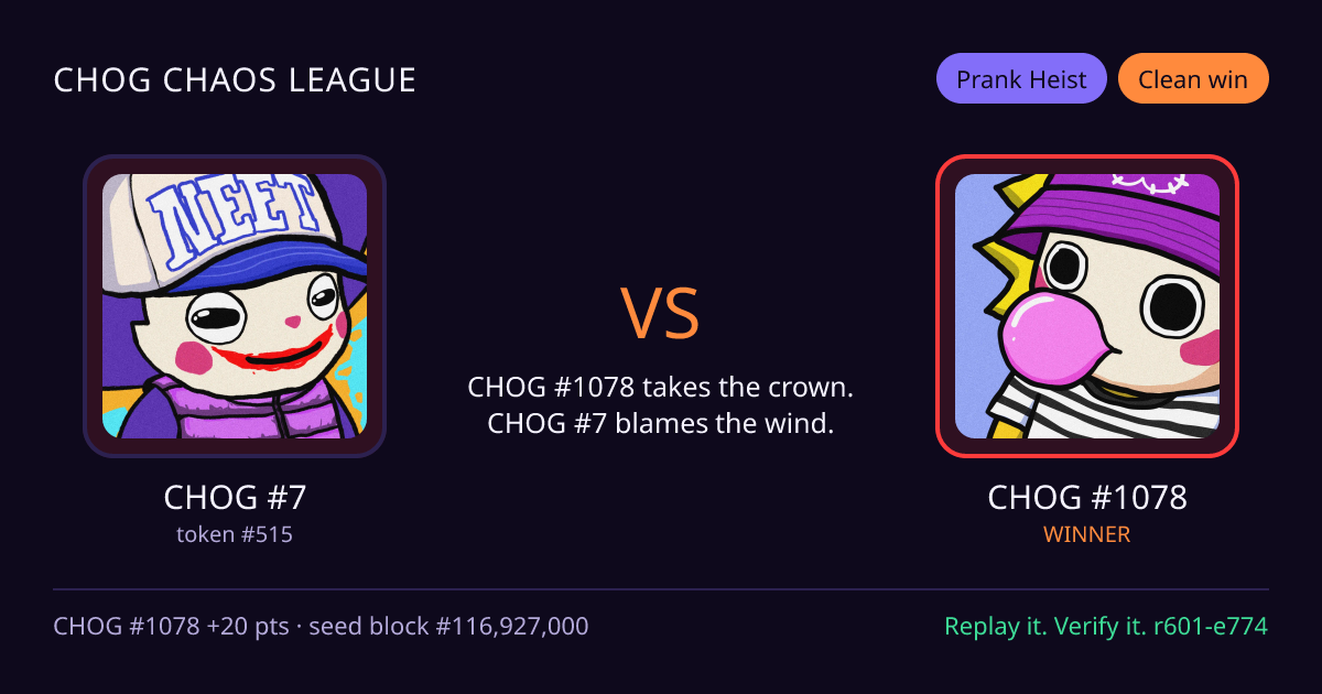 Highlight card: CHOG #7 versus CHOG #1078