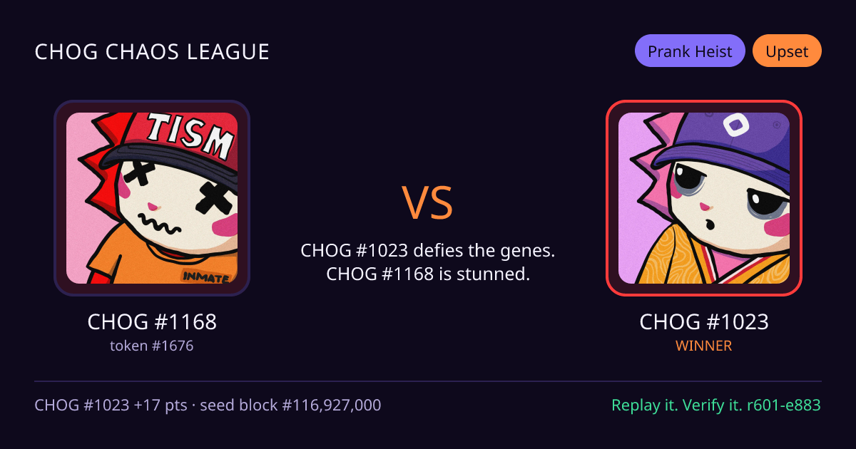 Highlight card: CHOG #1168 versus CHOG #1023