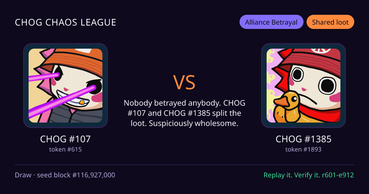 Highlight card: CHOG #107 versus CHOG #1385