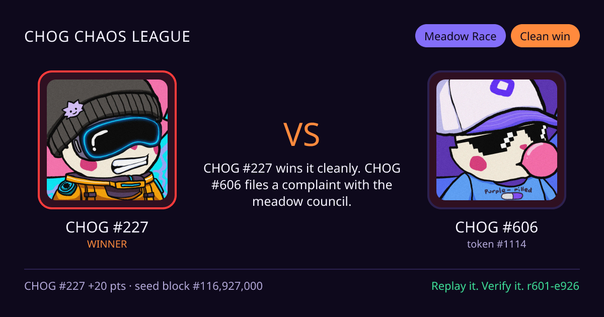 Highlight card: CHOG #227 versus CHOG #606