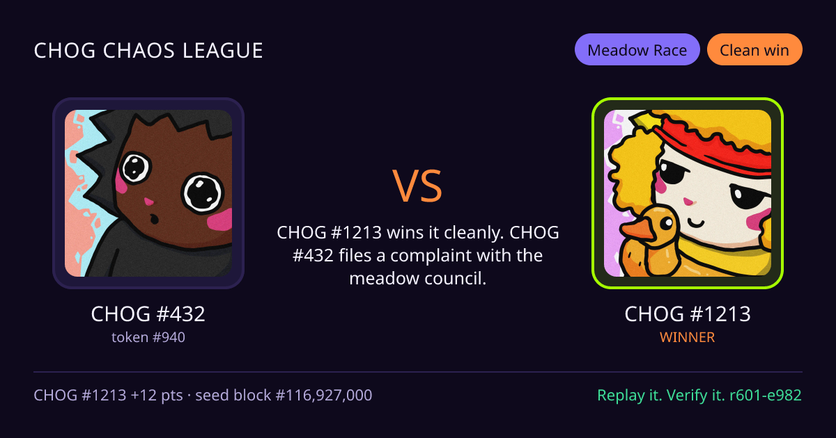 Highlight card: CHOG #432 versus CHOG #1213