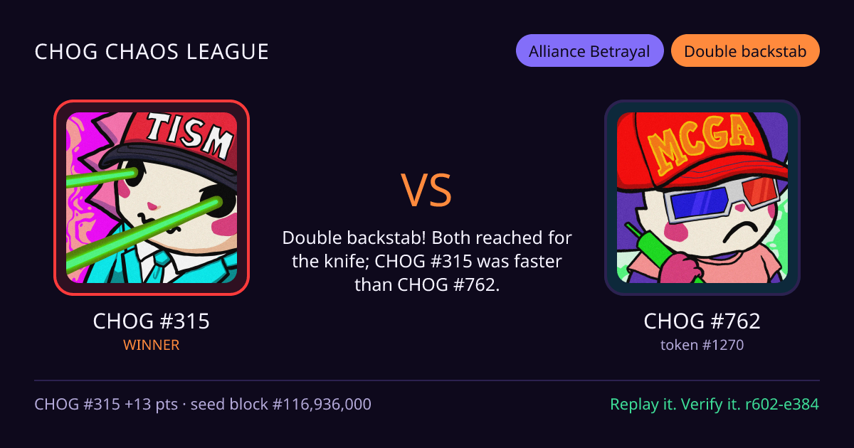 Highlight card: CHOG #315 versus CHOG #762