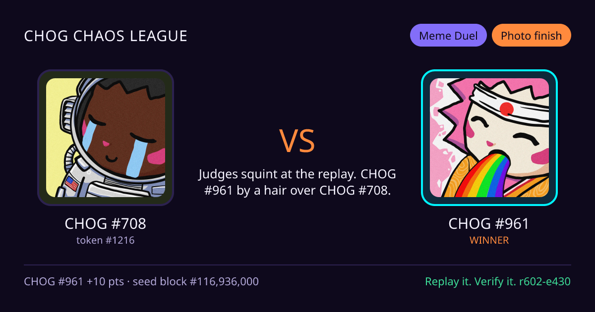 Highlight card: CHOG #708 versus CHOG #961
