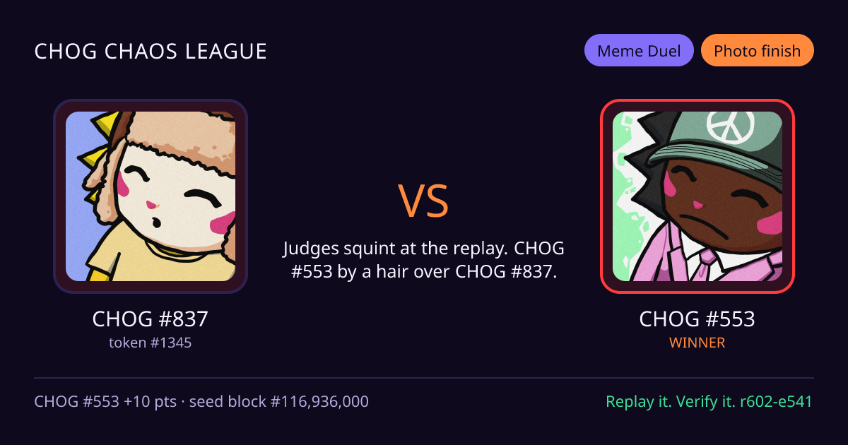 Highlight card: CHOG #837 versus CHOG #553
