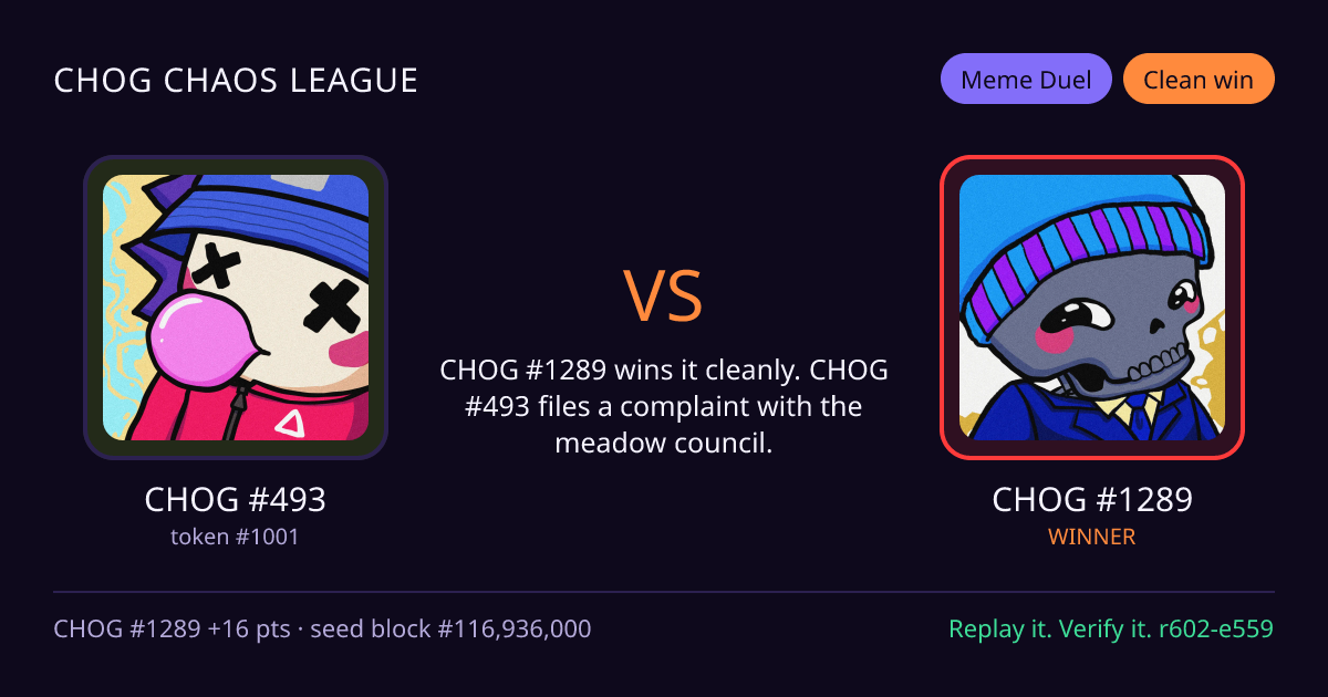 Highlight card: CHOG #493 versus CHOG #1289