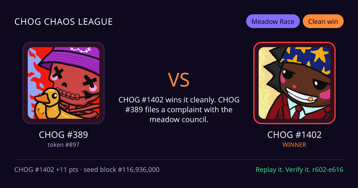 Highlight card: CHOG #389 versus CHOG #1402