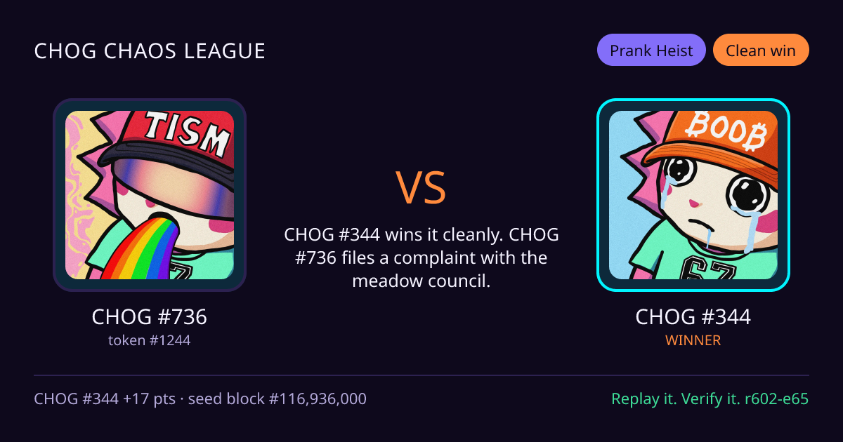 Highlight card: CHOG #736 versus CHOG #344