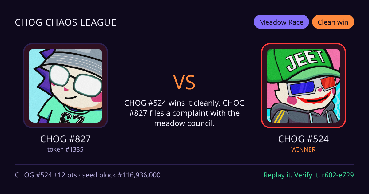 Highlight card: CHOG #827 versus CHOG #524