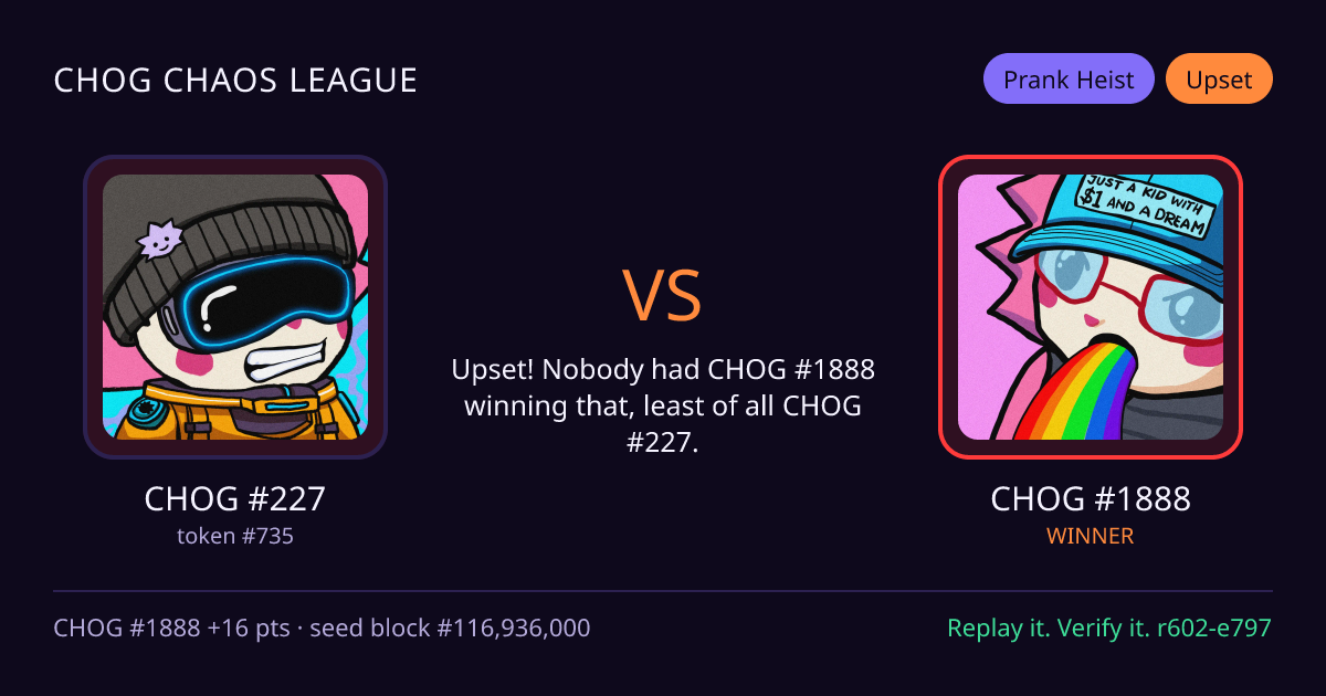 Highlight card: CHOG #227 versus CHOG #1888