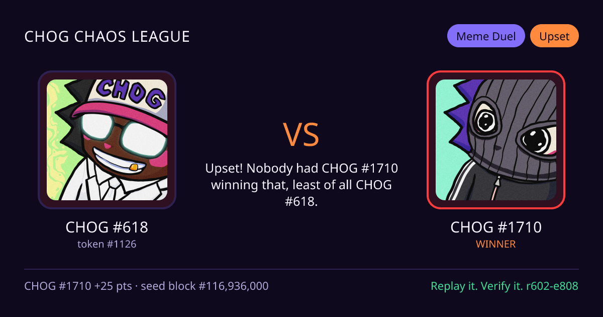 Highlight card: CHOG #618 versus CHOG #1710
