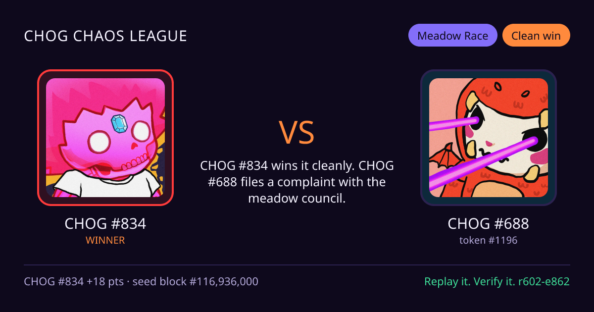 Highlight card: CHOG #834 versus CHOG #688
