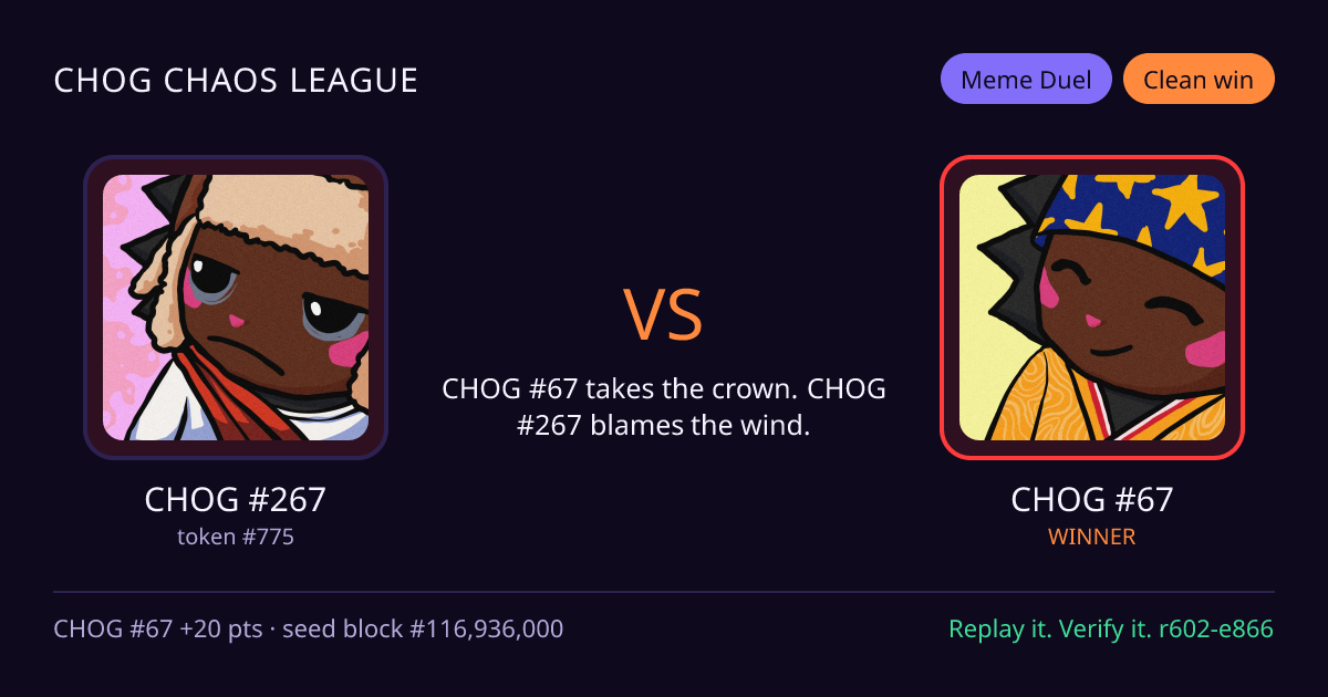 Highlight card: CHOG #267 versus CHOG #67