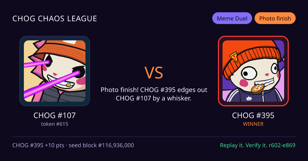 Highlight card: CHOG #107 versus CHOG #395