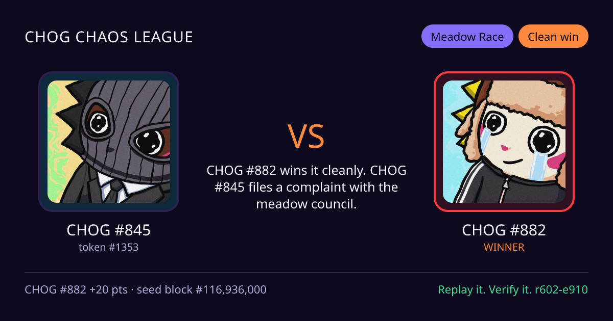Highlight card: CHOG #845 versus CHOG #882