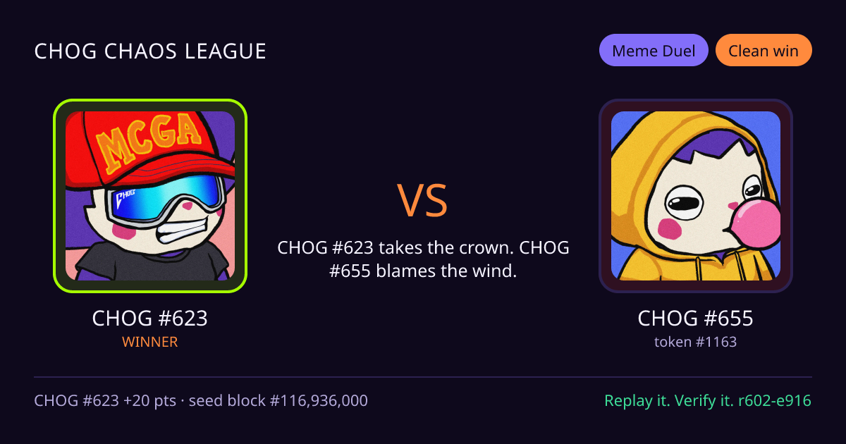 Highlight card: CHOG #623 versus CHOG #655