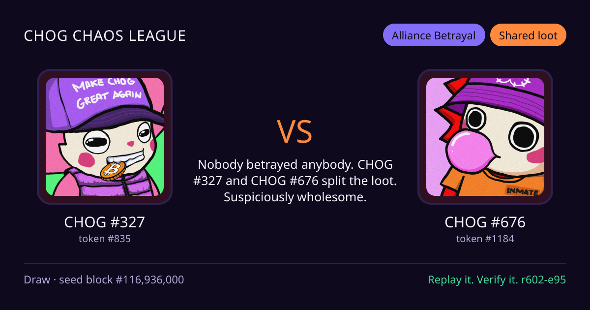 Highlight card: CHOG #327 versus CHOG #676