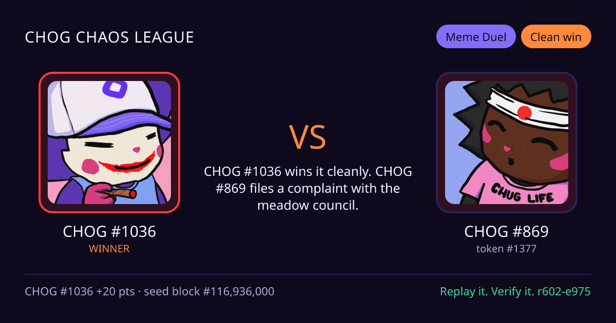 Highlight card: CHOG #1036 versus CHOG #869