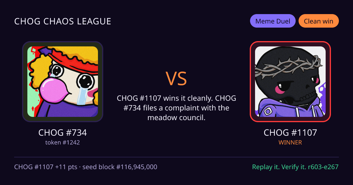 Highlight card: CHOG #734 versus CHOG #1107