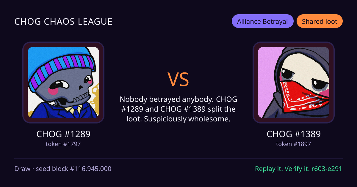 Highlight card: CHOG #1289 versus CHOG #1389
