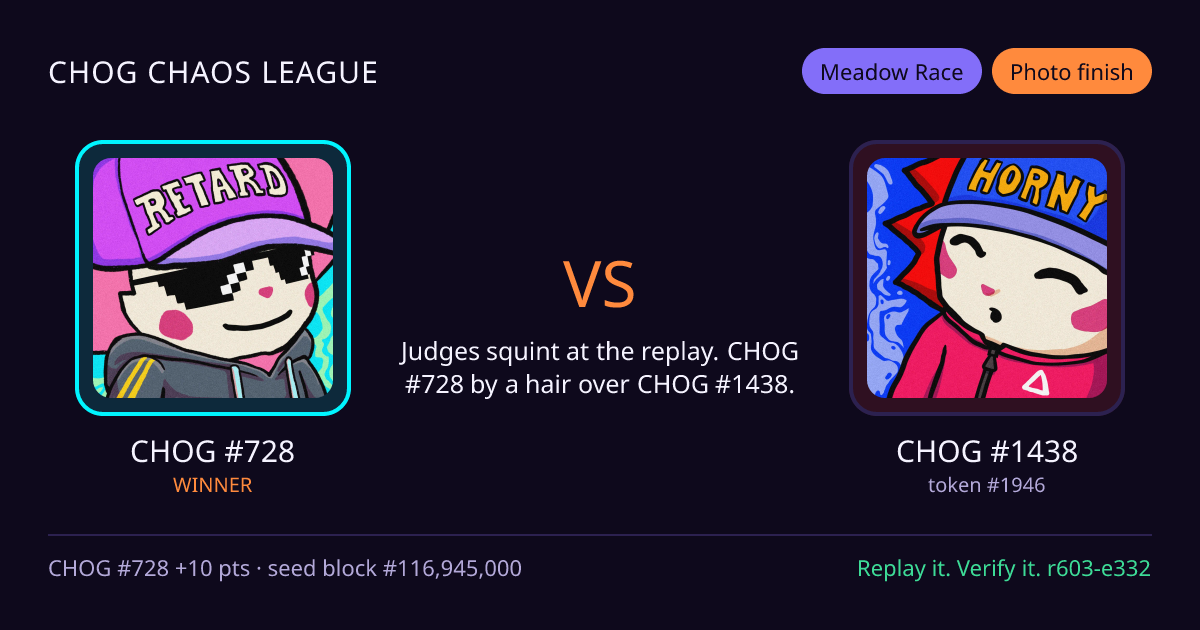 Highlight card: CHOG #728 versus CHOG #1438