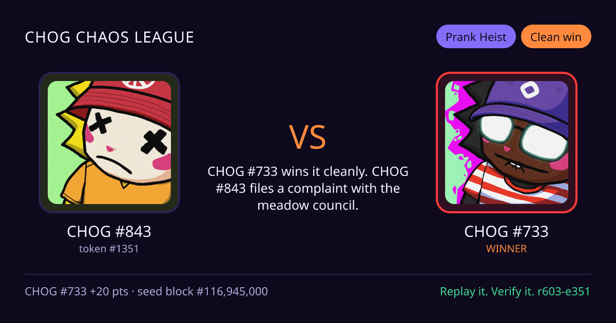 Highlight card: CHOG #843 versus CHOG #733