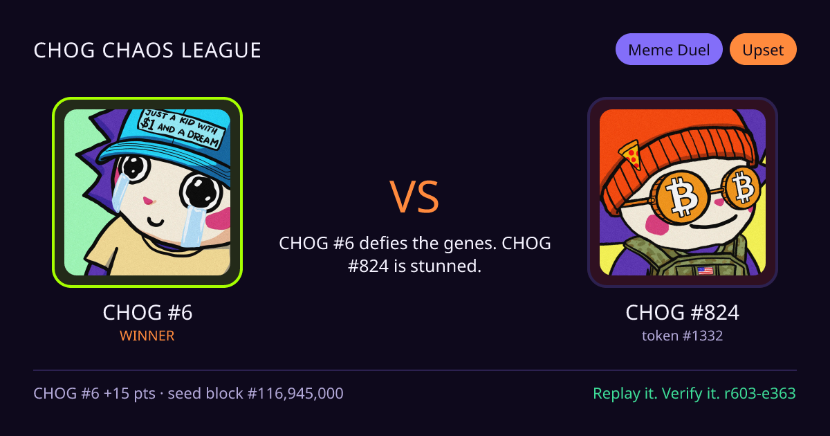 Highlight card: CHOG #6 versus CHOG #824