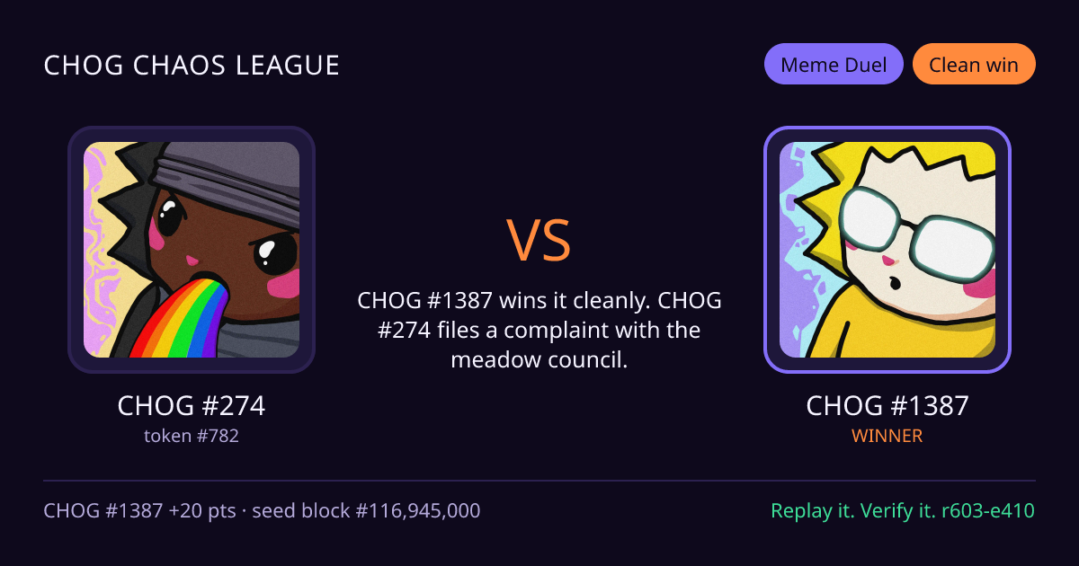 Highlight card: CHOG #274 versus CHOG #1387