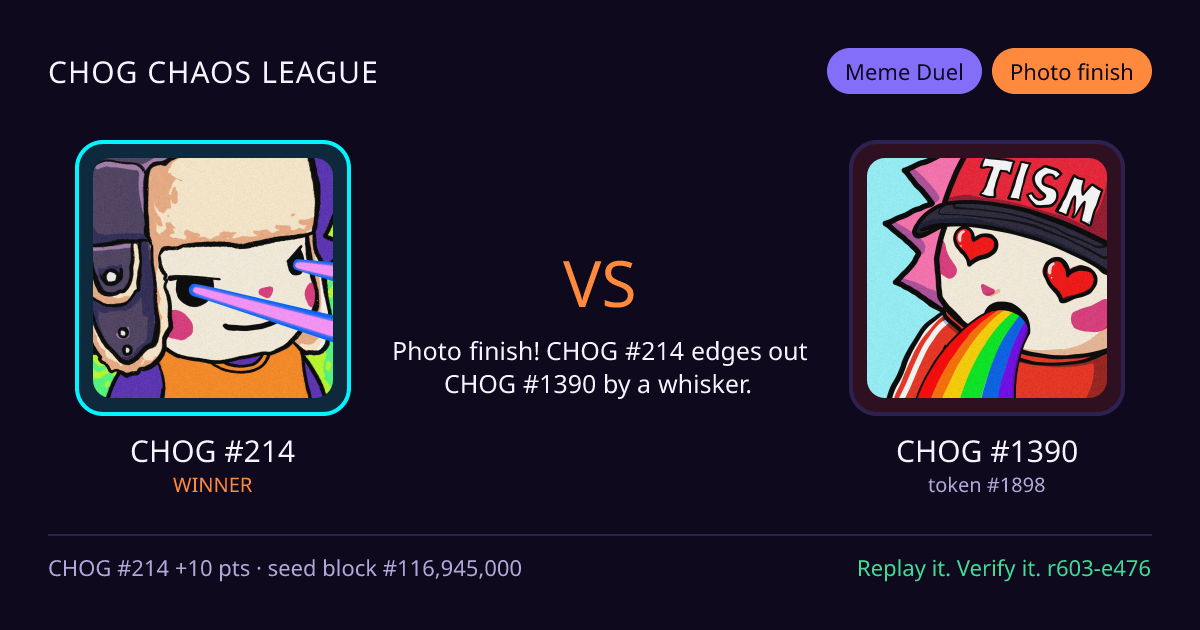 Highlight card: CHOG #214 versus CHOG #1390